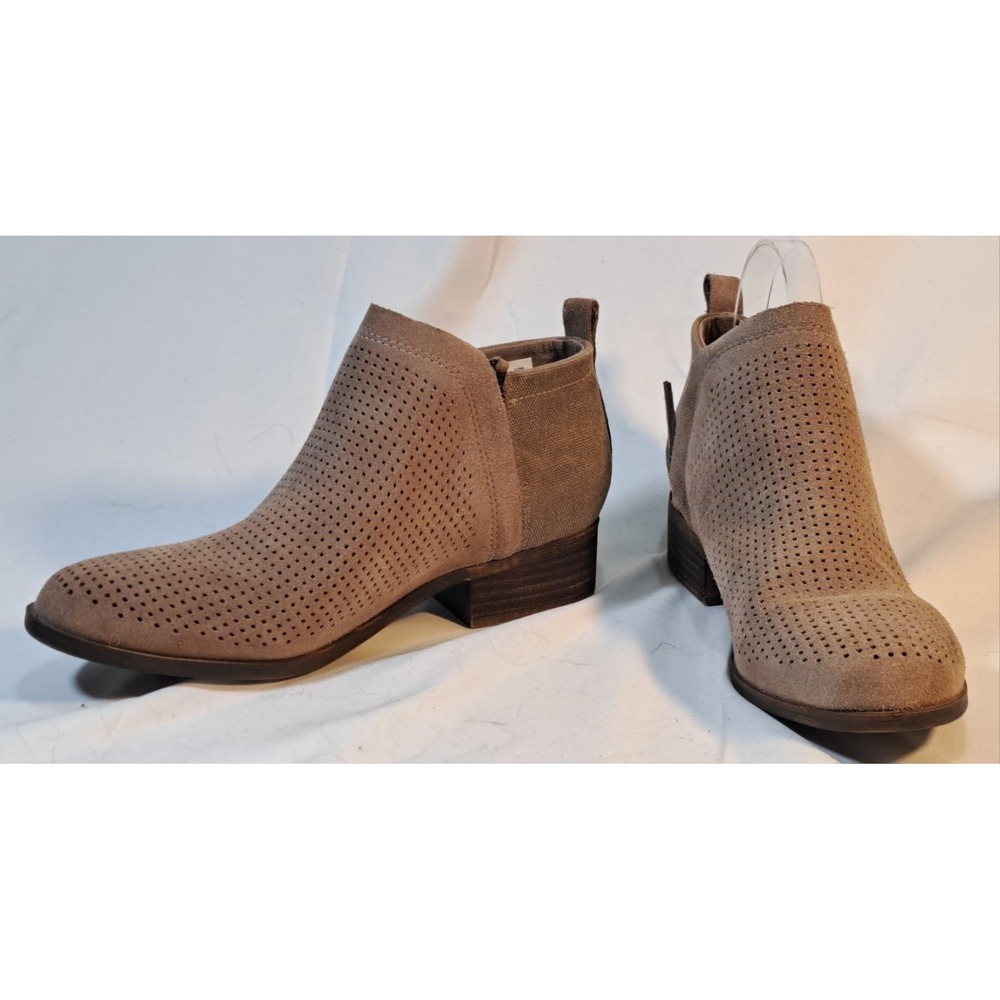 TOMS Deia Taupe Perforated Suede Canvas Ankle Booties Womens 7.5 Zip Block Heel - Picture 2 of 12